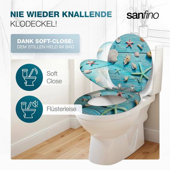 SANFINO® Premium WC Sitz mit Absenkautomatik – hochwertige Toilettendeckel aus Holz, viele bunte Motive, hoher Sitzkomfort, einfache Montage inklusive Montageanleitung – "Blue Star"