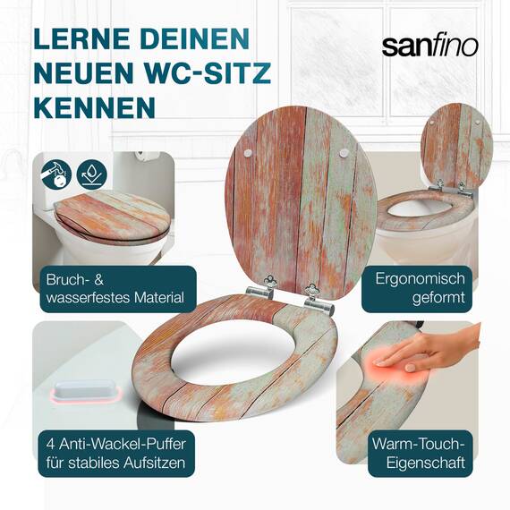 SANFINO® Premium WC Sitz mit Absenkautomatik – hochwertige Toilettendeckel aus Holz, viele bunte Motive, hoher Sitzkomfort, einfache Montage inklusive Montageanleitung – "Blue Wood"