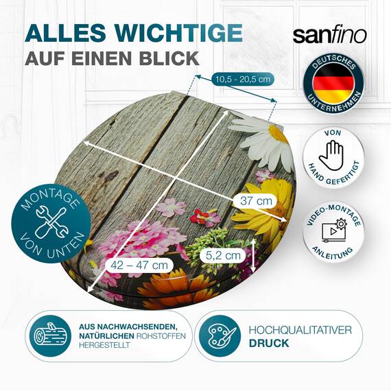 SANFINO® Premium WC Sitz mit Absenkautomatik – hochwertige Toilettendeckel aus Holz, viele bunte Motive, hoher Sitzkomfort, einfache Montage inklusive Montageanleitung – "Alp Meadow"