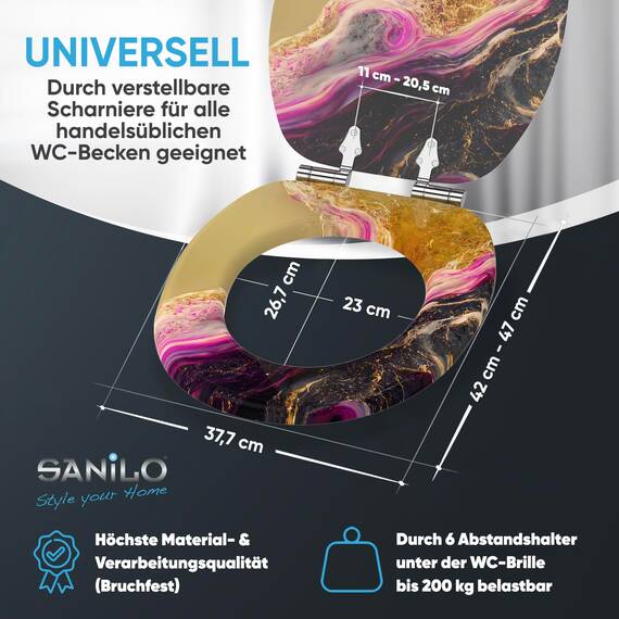 Sanilo WC Sitz mit Absenkautomatik, viele neue Toilettendeckel zur Auswahl, hochwertige Oberfläche, einfache Montage, stabile Scharniere (Marmor Brillante)