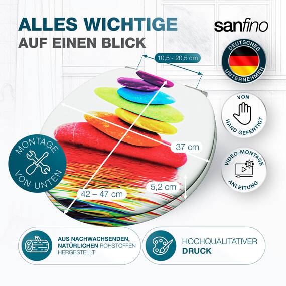 SANFINO® Premium WC Sitz mit Absenkautomatik – hochwertige Toilettendeckel aus Holz, viele bunte Motive, hoher Sitzkomfort, einfache Montage inklusive Montageanleitung – "Rainbow Stone"