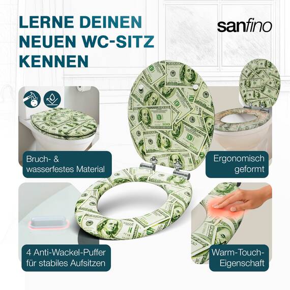 SANFINO® Premium WC Sitz mit Absenkautomatik – hochwertige Toilettendeckel aus Holz, viele bunte Motive, hoher Sitzkomfort, einfache Montage inklusive Montageanleitung – "Dollar ́s"