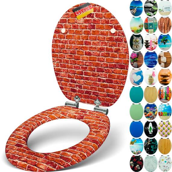 SANFINO® Premium WC Sitz mit Absenkautomatik – hochwertige Toilettendeckel aus Holz, viele bunte Motive, hoher Sitzkomfort, einfache Montage inklusive Montageanleitung – "Bricks"