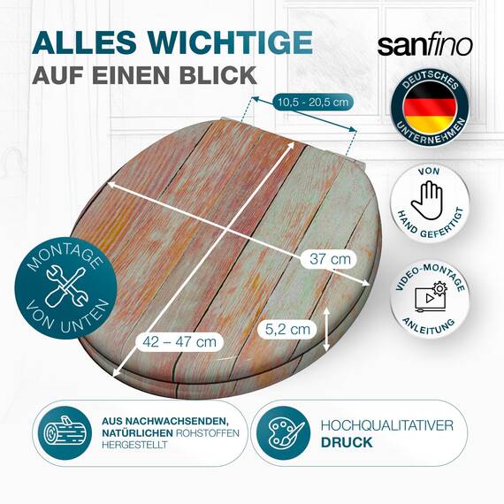 SANFINO® Premium WC Sitz mit Absenkautomatik – hochwertige Toilettendeckel aus Holz, viele bunte Motive, hoher Sitzkomfort, einfache Montage inklusive Montageanleitung – "Blue Wood"
