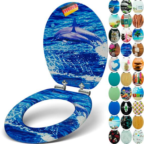 SANFINO® Premium WC Sitz mit Absenkautomatik – hochwertige Toilettendeckel aus Holz, viele bunte Motive, hoher Sitzkomfort, einfache Montage inklusive Montageanleitung – "Dolphin"