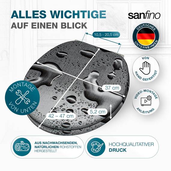 SANFINO® Premium WC Sitz mit Absenkautomatik – hochwertige Toilettendeckel aus Holz, viele bunte Motive, hoher Sitzkomfort, einfache Montage inklusive Montageanleitung – "Grey Splash"