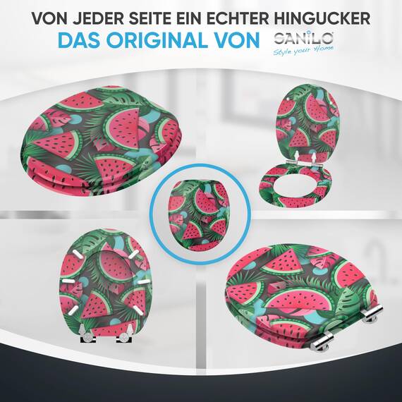 Sanilo WC Sitz mit Absenkautomatik, viele neue Toilettendeckel zur Auswahl, hochwertige Oberfläche, einfache Montage, stabile Scharniere (Melone)