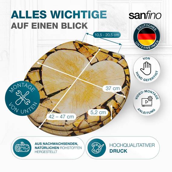 SANFINO® Premium WC Sitz mit Absenkautomatik – hochwertige Toilettendeckel aus Holz, viele bunte Motive, hoher Sitzkomfort, einfache Montage inklusive Montageanleitung – "Wood Heart"