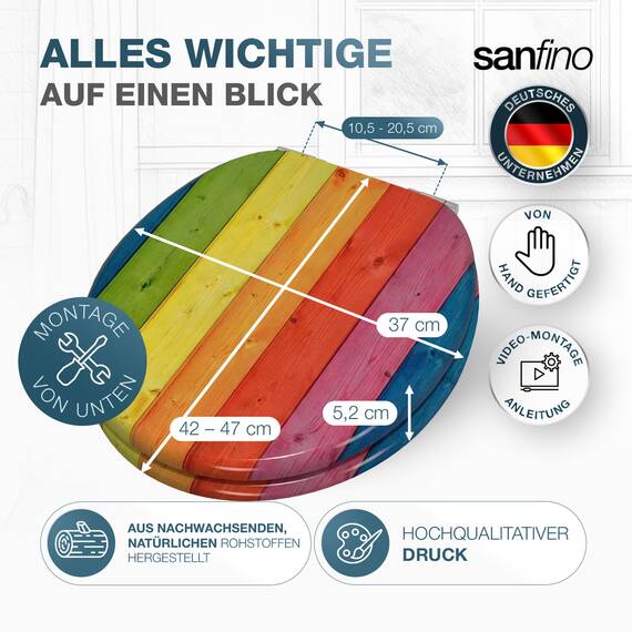 SANFINO® Premium WC Sitz mit Absenkautomatik – hochwertige Toilettendeckel aus Holz, viele bunte Motive, hoher Sitzkomfort, einfache Montage inklusive Montageanleitung – "Colorful"
