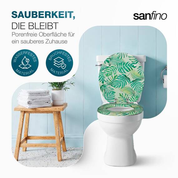SANFINO® Premium WC Sitz mit Absenkautomatik – hochwertige Toilettendeckel aus Holz, viele bunte Motive, hoher Sitzkomfort, einfache Montage inklusive Montageanleitung – "Tropical Leaves"