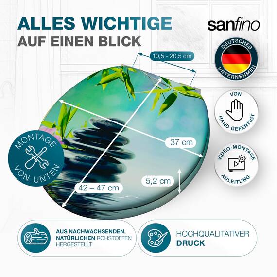 SANFINO® Premium WC Sitz mit Absenkautomatik – hochwertige Toilettendeckel aus Holz, viele bunte Motive, hoher Sitzkomfort, einfache Montage inklusive Montageanleitung – "Asia II"