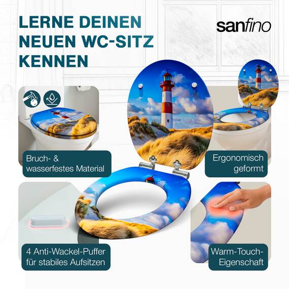 SANFINO® Premium WC Sitz mit Absenkautomatik – hochwertige Toilettendeckel aus Holz, viele bunte Motive, hoher Sitzkomfort, einfache Montage inklusive Montageanleitung – "Lighthouse"