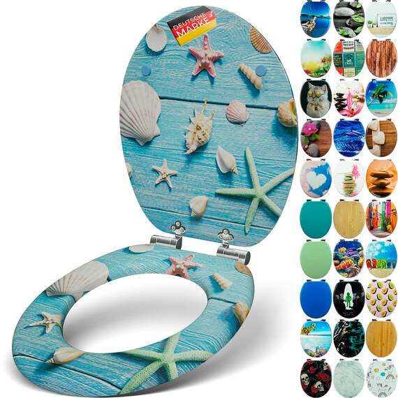 SANFINO® Premium WC Sitz mit Absenkautomatik – hochwertige Toilettendeckel aus Holz, viele bunte Motive, hoher Sitzkomfort, einfache Montage inklusive Montageanleitung – "Blue Star"