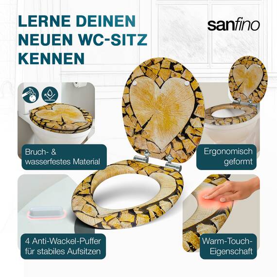 SANFINO® Premium WC Sitz mit Absenkautomatik – hochwertige Toilettendeckel aus Holz, viele bunte Motive, hoher Sitzkomfort, einfache Montage inklusive Montageanleitung – "Wood Heart"