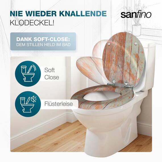 SANFINO® Premium WC Sitz mit Absenkautomatik – hochwertige Toilettendeckel aus Holz, viele bunte Motive, hoher Sitzkomfort, einfache Montage inklusive Montageanleitung – "Blue Wood"