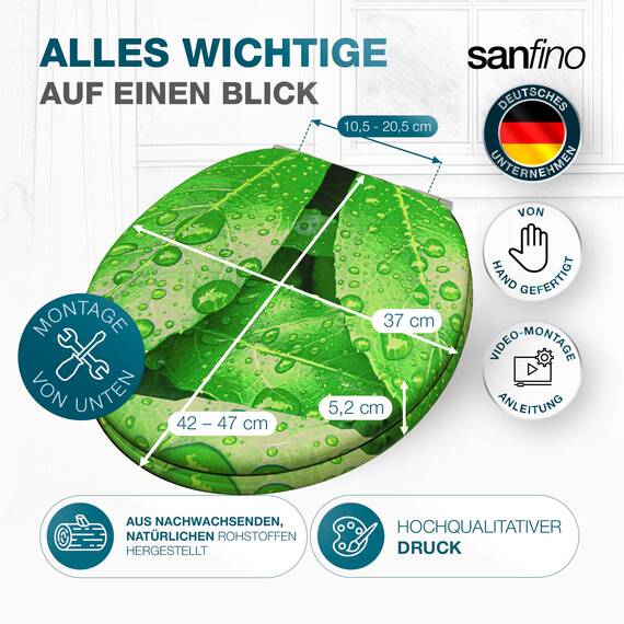 SANFINO® Premium WC Sitz mit Absenkautomatik – hochwertige Toilettendeckel aus Holz, viele bunte Motive, hoher Sitzkomfort, einfache Montage inklusive Montageanleitung – "Fresh Leaves"
