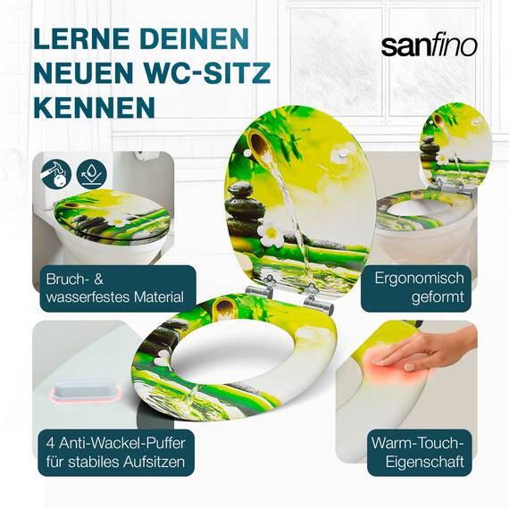 SANFINO® Premium WC Sitz mit Absenkautomatik – hochwertige Toilettendeckel aus Holz, viele bunte Motive, hoher Sitzkomfort, einfache Montage inklusive Montageanleitung – "Garden Eden II"