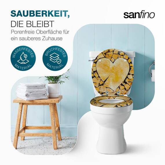 SANFINO® Premium WC Sitz mit Absenkautomatik – hochwertige Toilettendeckel aus Holz, viele bunte Motive, hoher Sitzkomfort, einfache Montage inklusive Montageanleitung – "Wood Heart"