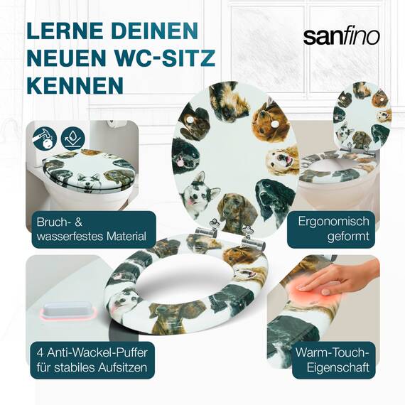 SANFINO® Premium WC Sitz mit Absenkautomatik – hochwertige Toilettendeckel aus Holz, viele bunte Motive, hoher Sitzkomfort, einfache Montage inklusive Montageanleitung – "Dog Circle"