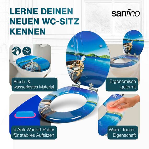 SANFINO® Premium WC Sitz mit Absenkautomatik – hochwertige Toilettendeckel aus Holz, viele bunte Motive, hoher Sitzkomfort, einfache Montage inklusive Montageanleitung – "Boat"