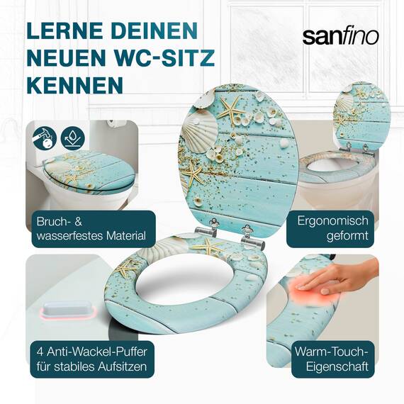 SANFINO® Premium WC Sitz mit Absenkautomatik – hochwertige Toilettendeckel aus Holz, viele bunte Motive, hoher Sitzkomfort, einfache Montage inklusive Montageanleitung – "Caribbean Blue"