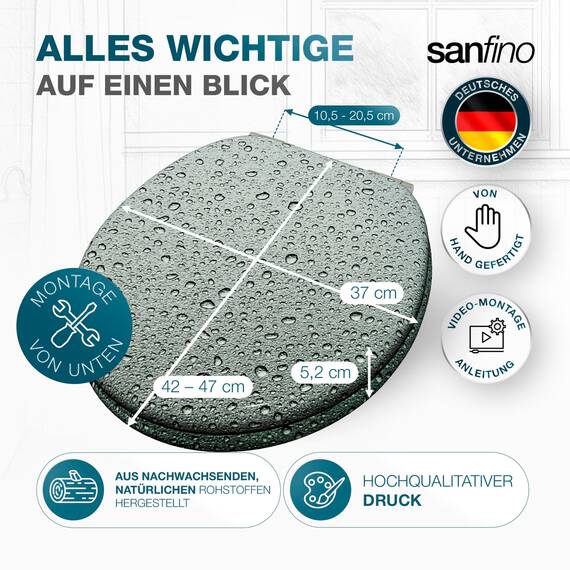 SANFINO® Premium WC Sitz mit Absenkautomatik – hochwertige Toilettendeckel aus Holz, viele bunte Motive, hoher Sitzkomfort, einfache Montage inklusive Montageanleitung – "Grey Splash II"
