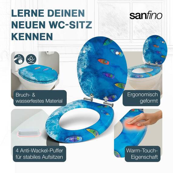 SANFINO® Premium WC Sitz mit Absenkautomatik – hochwertige Toilettendeckel aus Holz, viele bunte Motive, hoher Sitzkomfort, einfache Montage inklusive Montageanleitung – "Boats"