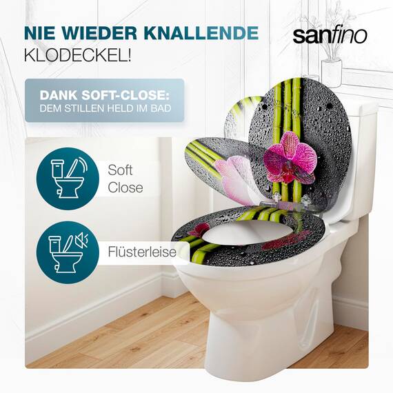 SANFINO® Premium WC Sitz mit Absenkautomatik – hochwertige Toilettendeckel aus Holz, viele bunte Motive, hoher Sitzkomfort, einfache Montage inklusive Montageanleitung – "Green Bamboo"