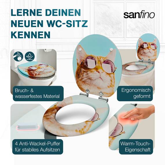 SANFINO® Premium WC Sitz mit Absenkautomatik – hochwertige Toilettendeckel aus Holz, viele bunte Motive, hoher Sitzkomfort, einfache Montage inklusive Montageanleitung – "Cool Cat"