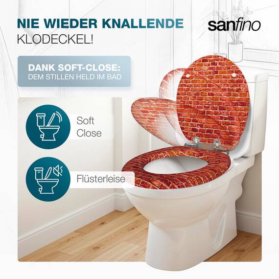 SANFINO® Premium WC Sitz mit Absenkautomatik – hochwertige Toilettendeckel aus Holz, viele bunte Motive, hoher Sitzkomfort, einfache Montage inklusive Montageanleitung – "Bricks"