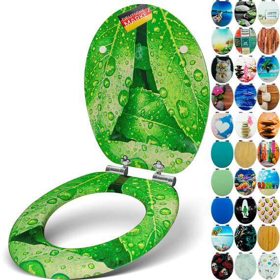 SANFINO® Premium WC Sitz mit Absenkautomatik – hochwertige Toilettendeckel aus Holz, viele bunte Motive, hoher Sitzkomfort, einfache Montage inklusive Montageanleitung – "Fresh Leaves"