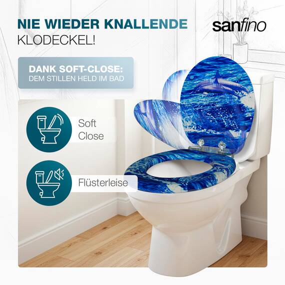 SANFINO® Premium WC Sitz mit Absenkautomatik – hochwertige Toilettendeckel aus Holz, viele bunte Motive, hoher Sitzkomfort, einfache Montage inklusive Montageanleitung – "Dolphin"