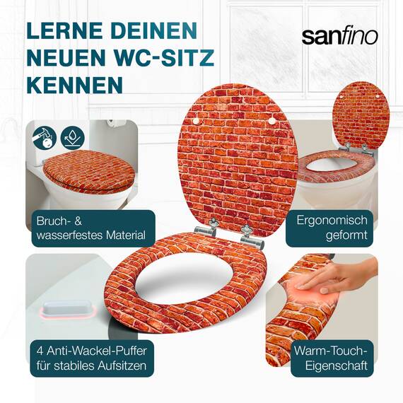 SANFINO® Premium WC Sitz mit Absenkautomatik – hochwertige Toilettendeckel aus Holz, viele bunte Motive, hoher Sitzkomfort, einfache Montage inklusive Montageanleitung – "Bricks"