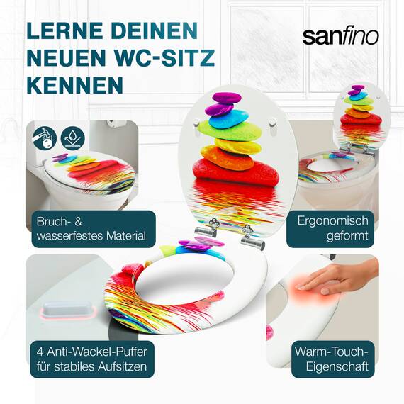 SANFINO® Premium WC Sitz mit Absenkautomatik – hochwertige Toilettendeckel aus Holz, viele bunte Motive, hoher Sitzkomfort, einfache Montage inklusive Montageanleitung – "Rainbow Stone"
