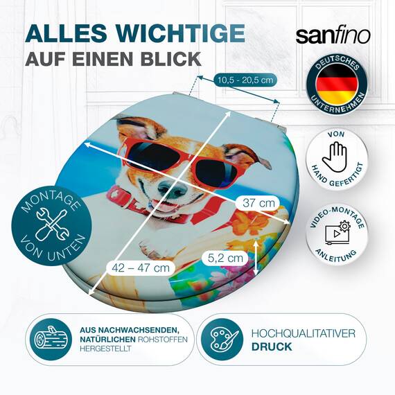 SANFINO® Premium WC Sitz mit Absenkautomatik – hochwertige Toilettendeckel aus Holz, viele bunte Motive, hoher Sitzkomfort, einfache Montage inklusive Montageanleitung – "Sunny Dog"