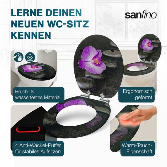 SANFINO® Premium WC Sitz mit Absenkautomatik – hochwertige Toilettendeckel aus Holz, viele bunte Motive, hoher Sitzkomfort, einfache Montage inklusive Montageanleitung – "Way of Orchid"