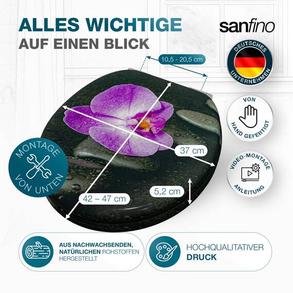 SANFINO® Premium WC Sitz mit Absenkautomatik – hochwertige Toilettendeckel aus Holz, viele bunte Motive, hoher Sitzkomfort, einfache Montage inklusive Montageanleitung – "Way of Orchid"