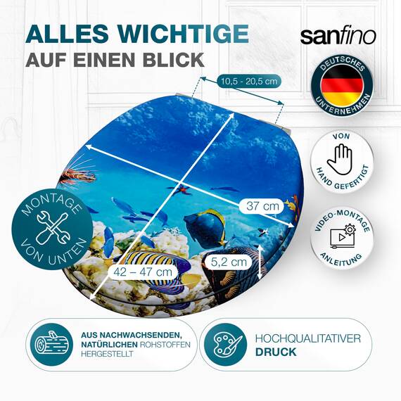SANFINO® Premium WC Sitz mit Absenkautomatik – hochwertige Toilettendeckel aus Holz, viele bunte Motive, hoher Sitzkomfort, einfache Montage inklusive Montageanleitung – "Coral Reef"