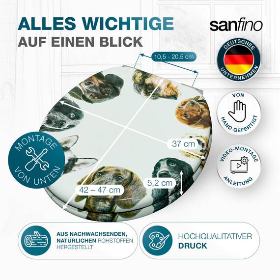 SANFINO® Premium WC Sitz mit Absenkautomatik – hochwertige Toilettendeckel aus Holz, viele bunte Motive, hoher Sitzkomfort, einfache Montage inklusive Montageanleitung – "Dog Circle"