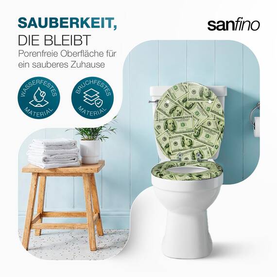 SANFINO® Premium WC Sitz mit Absenkautomatik – hochwertige Toilettendeckel aus Holz, viele bunte Motive, hoher Sitzkomfort, einfache Montage inklusive Montageanleitung – "Dollar ́s"