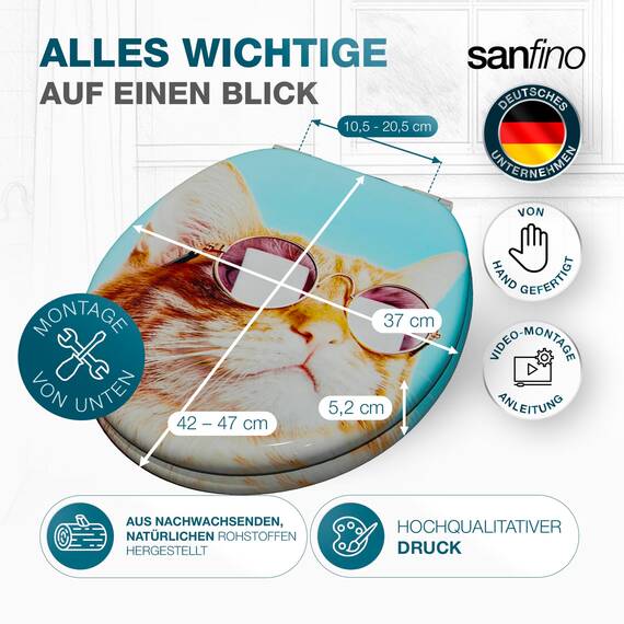 SANFINO® Premium WC Sitz mit Absenkautomatik – hochwertige Toilettendeckel aus Holz, viele bunte Motive, hoher Sitzkomfort, einfache Montage inklusive Montageanleitung – "Cool Cat"