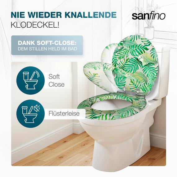 SANFINO® Premium WC Sitz mit Absenkautomatik – hochwertige Toilettendeckel aus Holz, viele bunte Motive, hoher Sitzkomfort, einfache Montage inklusive Montageanleitung – "Tropical Leaves"
