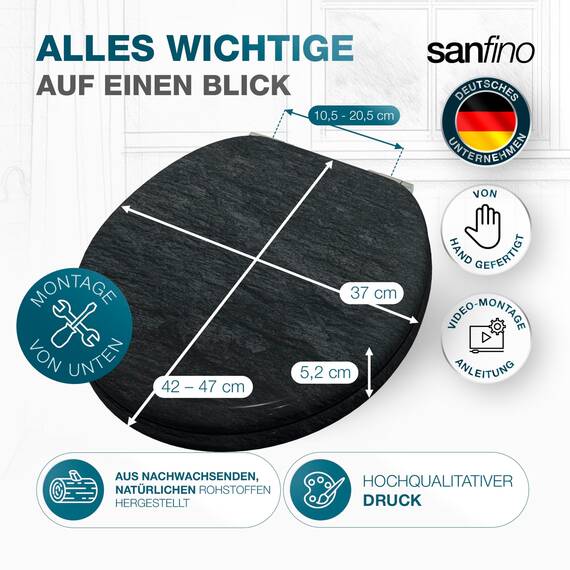 SANFINO® Premium WC Sitz mit Absenkautomatik – hochwertige Toilettendeckel aus Holz, viele bunte Motive, hoher Sitzkomfort, einfache Montage inklusive Montageanleitung – "Granit"