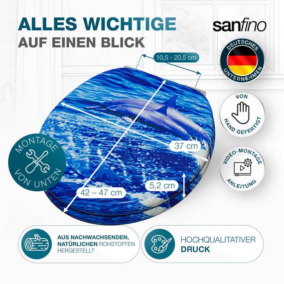SANFINO® Premium WC Sitz mit Absenkautomatik – hochwertige Toilettendeckel aus Holz, viele bunte Motive, hoher Sitzkomfort, einfache Montage inklusive Montageanleitung – "Dolphin"