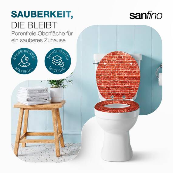 SANFINO® Premium WC Sitz mit Absenkautomatik – hochwertige Toilettendeckel aus Holz, viele bunte Motive, hoher Sitzkomfort, einfache Montage inklusive Montageanleitung – "Bricks"