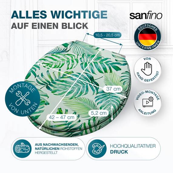 SANFINO® Premium WC Sitz mit Absenkautomatik – hochwertige Toilettendeckel aus Holz, viele bunte Motive, hoher Sitzkomfort, einfache Montage inklusive Montageanleitung – "Tropical Leaves"