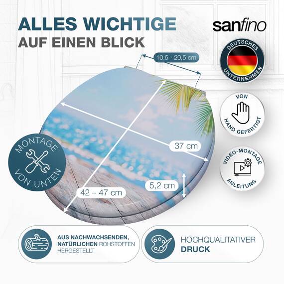 SANFINO® Premium WC Sitz mit Absenkautomatik – hochwertige Toilettendeckel aus Holz, viele bunte Motive, hoher Sitzkomfort, einfache Montage inklusive Montageanleitung – "Beach"