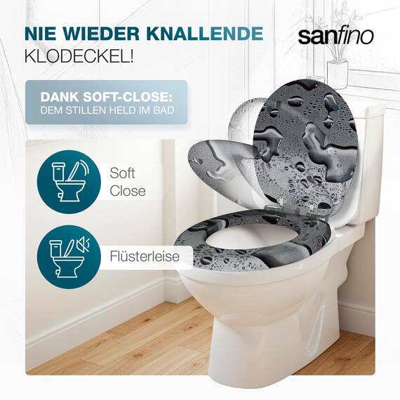 SANFINO® Premium WC Sitz mit Absenkautomatik – hochwertige Toilettendeckel aus Holz, viele bunte Motive, hoher Sitzkomfort, einfache Montage inklusive Montageanleitung – "Grey Splash"