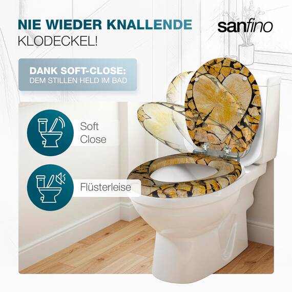 SANFINO® Premium WC Sitz mit Absenkautomatik – hochwertige Toilettendeckel aus Holz, viele bunte Motive, hoher Sitzkomfort, einfache Montage inklusive Montageanleitung – "Wood Heart"