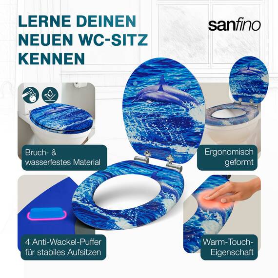 SANFINO® Premium WC Sitz mit Absenkautomatik – hochwertige Toilettendeckel aus Holz, viele bunte Motive, hoher Sitzkomfort, einfache Montage inklusive Montageanleitung – "Dolphin"
